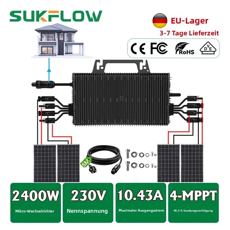 2400W Solar-Mikrowechselrichter mit WLAN-Funktion, Wasserdicht IP67, für Innen- und Außenbereich, 4 MPPT Photovoltaik-Wechselrichter 16V-60VDC zu 230VAC