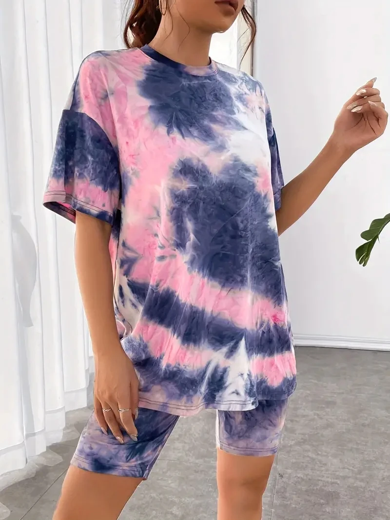 Roupa de impressão personalizada Tie Dye para mulheres, gola redonda, manga curta, estiramento, poliéster, casual, relaxado, plus size, 2 pcs