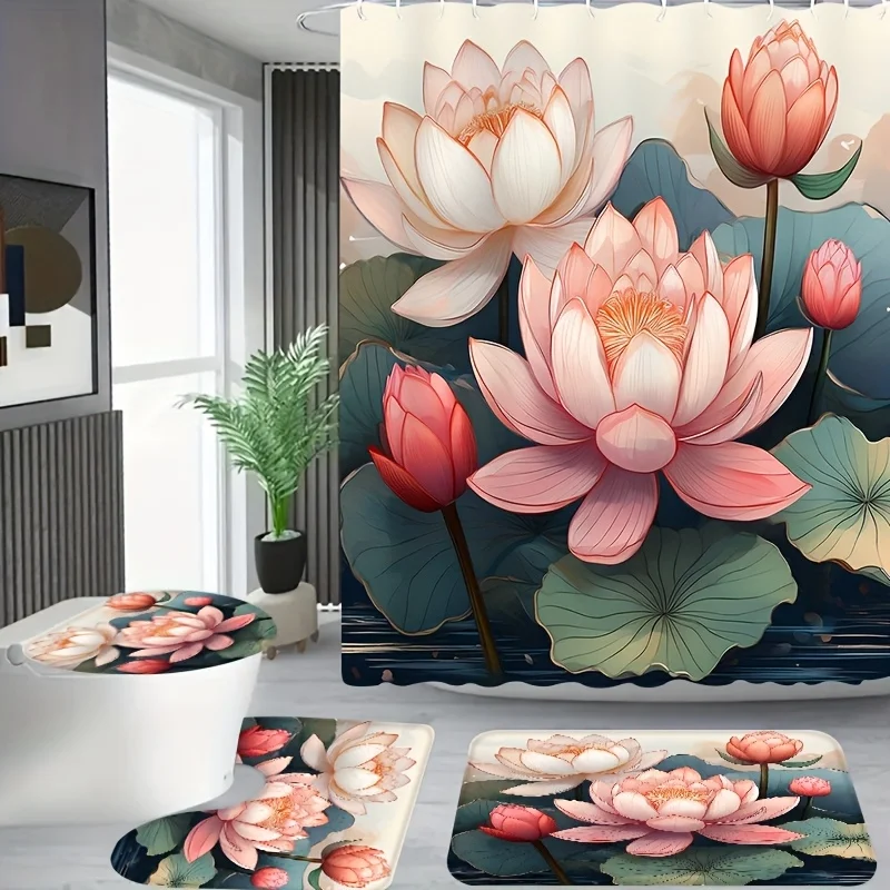 

4pcs, The for Lotus landscape is elegant and refined pattern, Apartment bathroom, Shower Room shower curtain set with