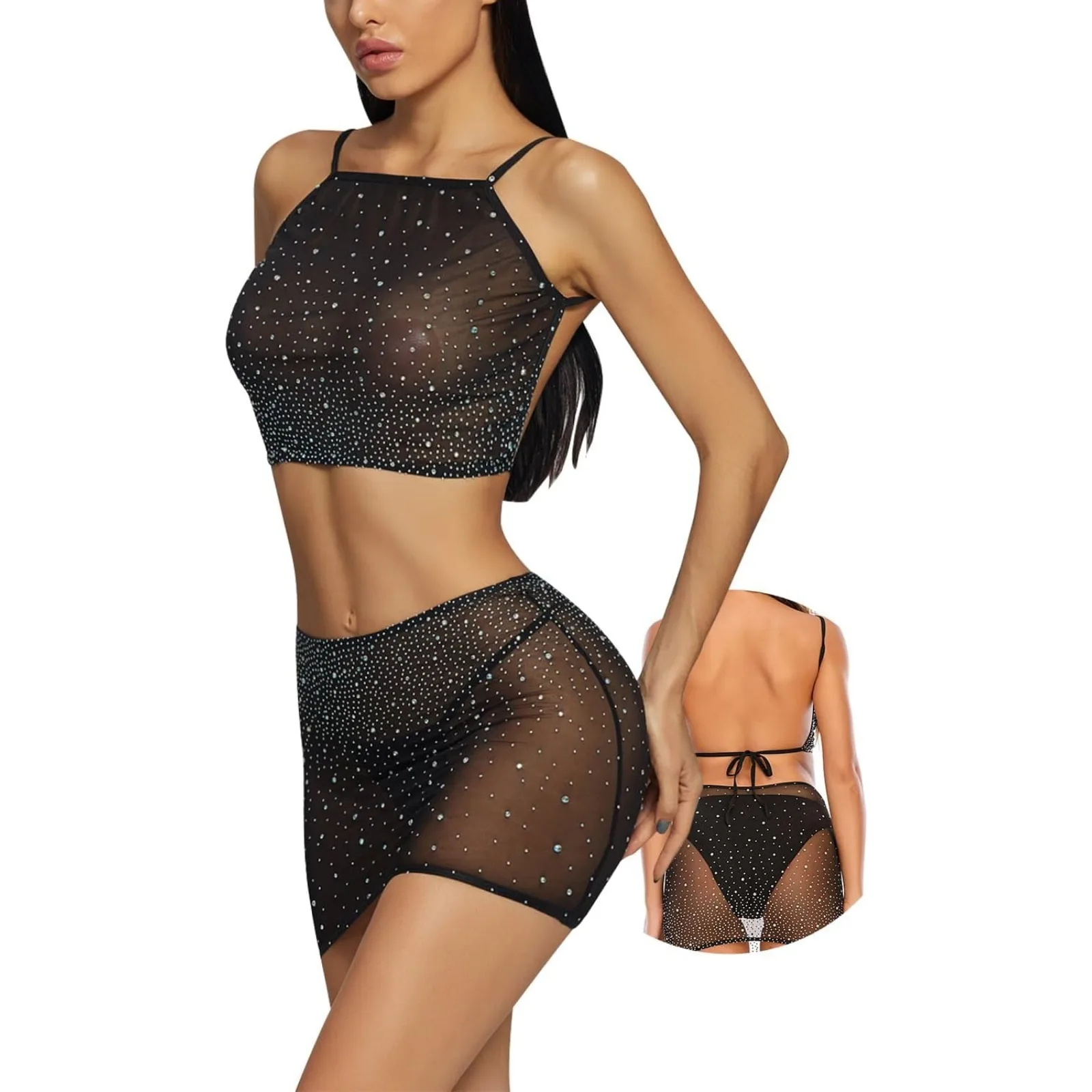 Women Hot Sexy Sparkle Rhinestone Lingerie Set for Women See Through Mini Micro Bra Bikini G String Bottom Set New