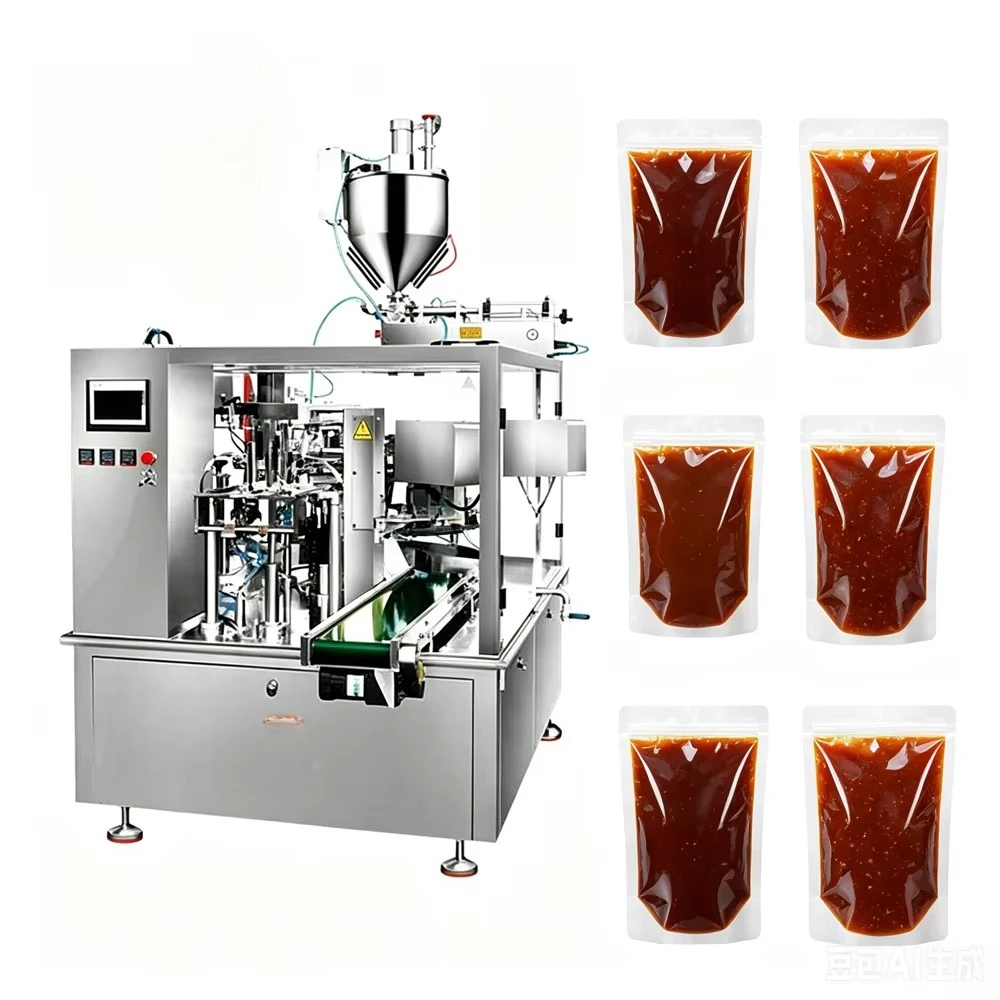 SUS316 Central Kitchen Condiment Filling Sealing Machinery IP65 Waterproof Rotary Premade Pouch Sauce Packing Machine