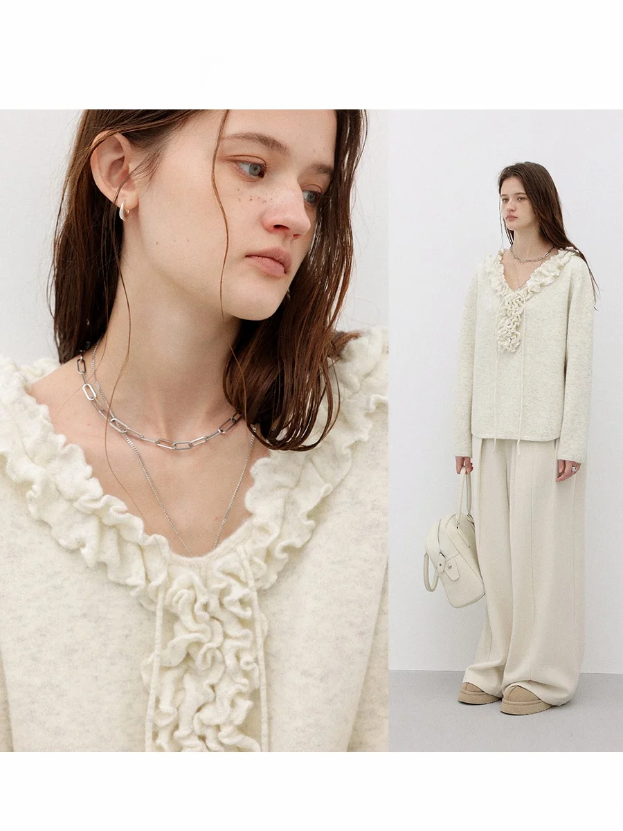 

Женский мягкий свитер CHACHASTU с V-образным вырезом, красивый, с лепестковыми вставками, свободного кроя, с длинными рукавами, осенний, модный