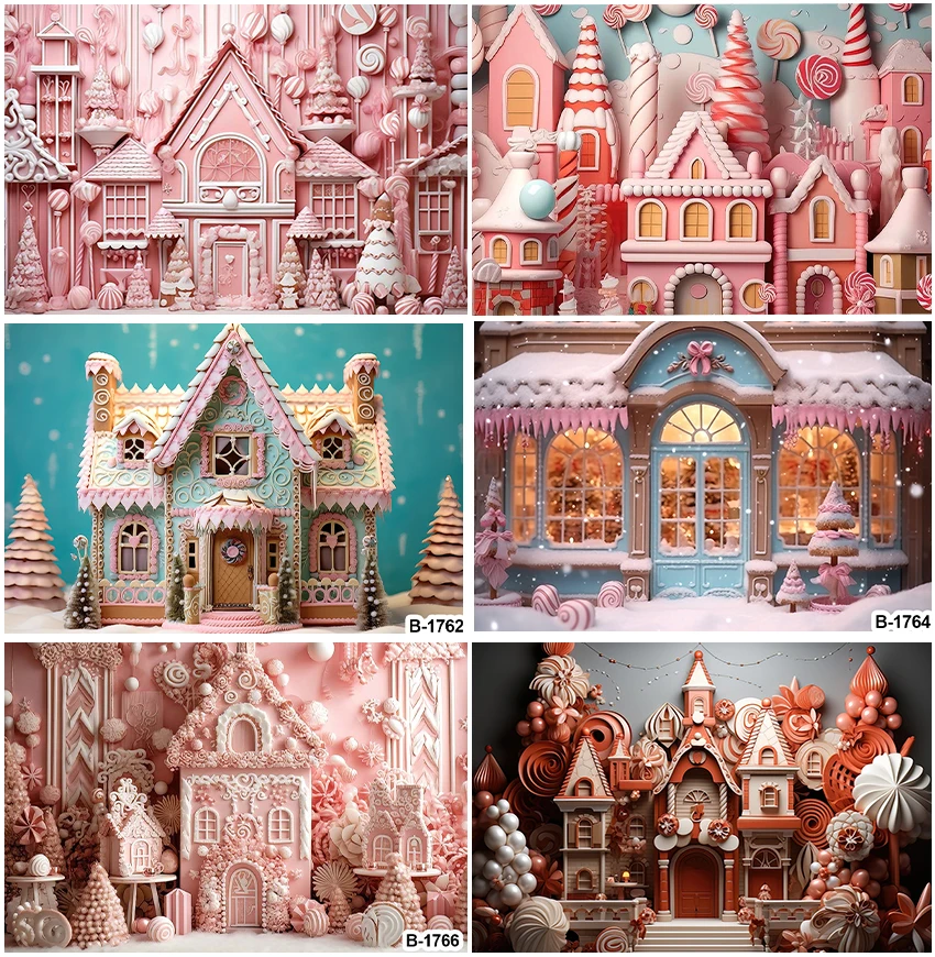 

Pink Castle House Backdrops Photographic Cake Smash Candy Shop Decoration Birhday Party Wedding Balloons Decor Backgrounds