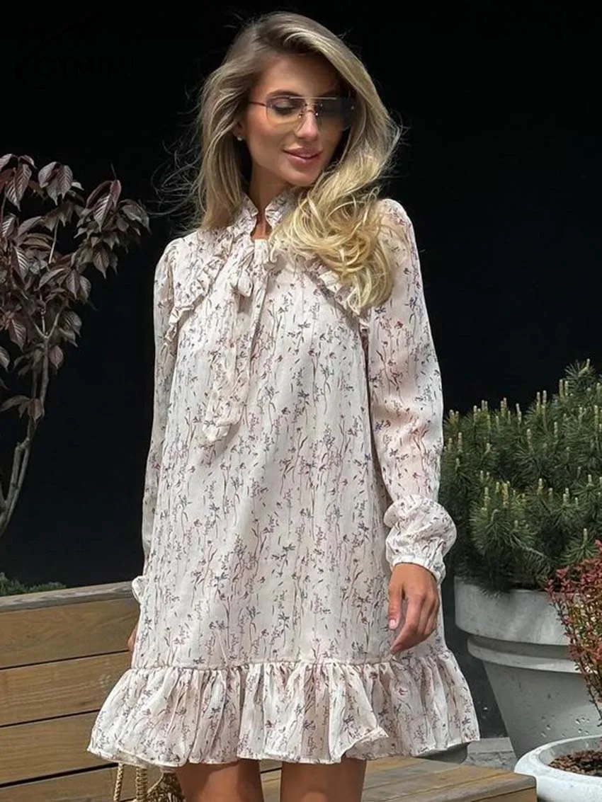 

Oymimi Fashion Apricot Print Women's Dress Elegant Ruffled Lace-Up Long Sleeve Dresses Autumn Pleated Loose Mini Dresses Female