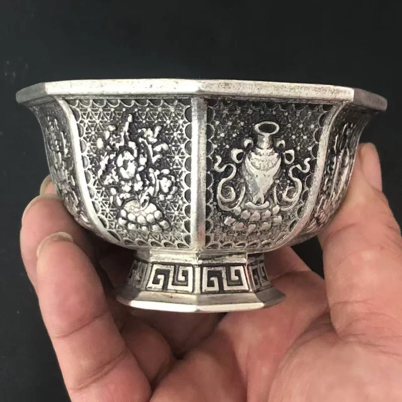 White copper silver-plated octagonal , eight-treasure , decorative piece for Buddhist shrines, offering bowl, copperware