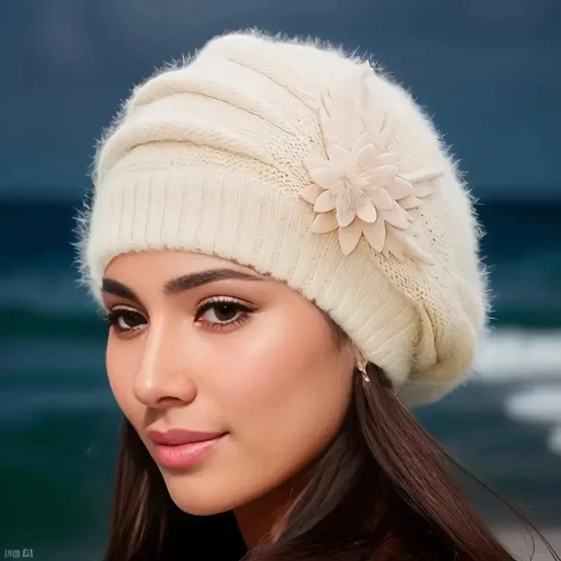 Herbst und Winter koreanische Mode Blumen-Kaninchenhaar-Mütze, Beilei-Mütze, warme gestrickte Wollmütze