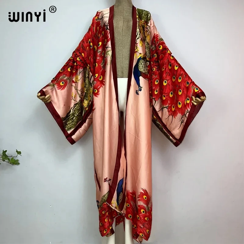 WINYI-kimono clásico con estampado de pavo real para mujer, cárdigan sexy bohemio Maxi, vestido de seda de manga larga para vacaciones, caftán de verano