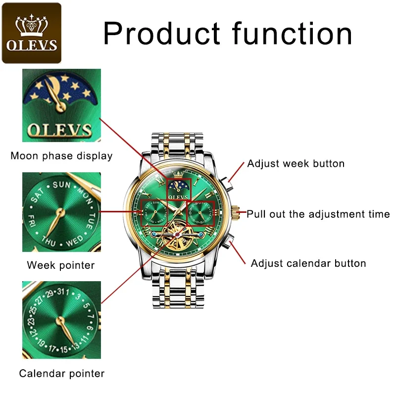 OLEVS Watch For Men Luxury Automatic Stainless Steel Skeleton Mechanical Men Watches Waterproof Moon Phase Wristwatch Men Watch