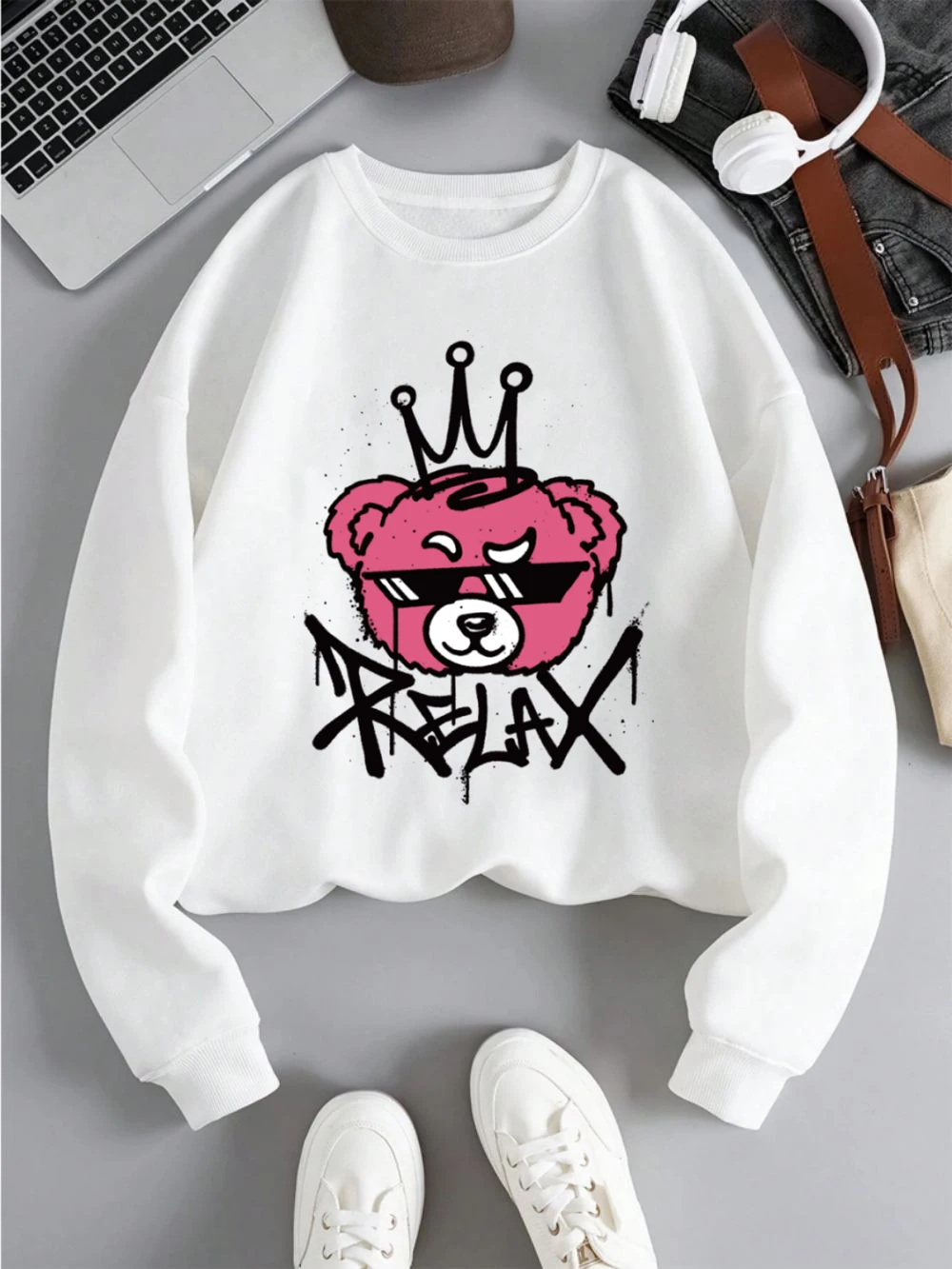 

Relax Cute Bear Sweatshirts Womens Cartoons Printing Hoodies Loose Fleece Warm Crewneck Clothes Street Sporty Womans Pullover