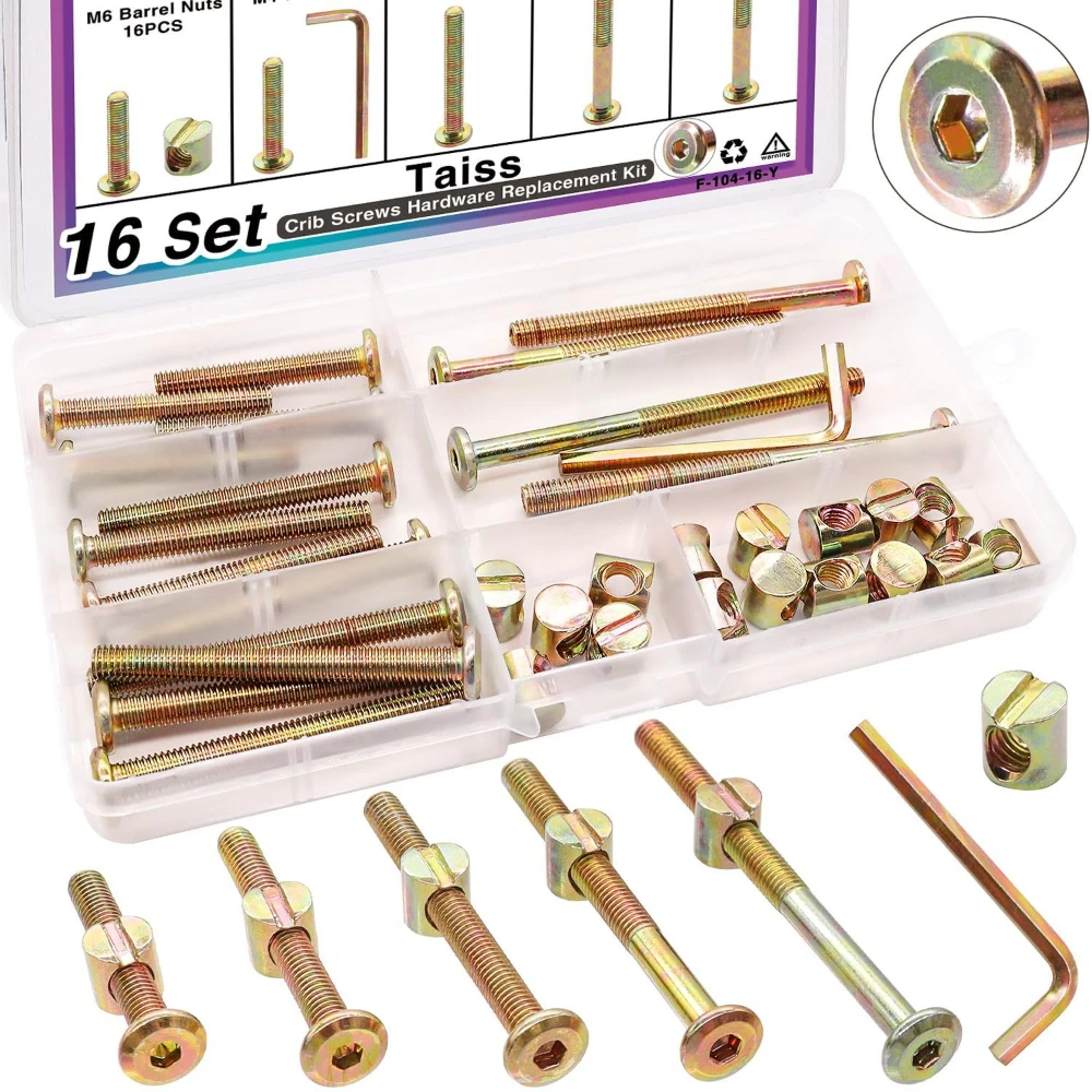 16pcs Baby Bed Screw Furniture Connection M6 Screws Hammer Mother Set with Wrench Carbon Steel Silver Screw Bolt Assortment Sets