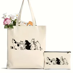 Borsa Tote con stampa gatto Casual da 2 pezzi per donna, borsa per la spesa in tela di grande capacità, essenziale per gite, conservazione di cancelleria