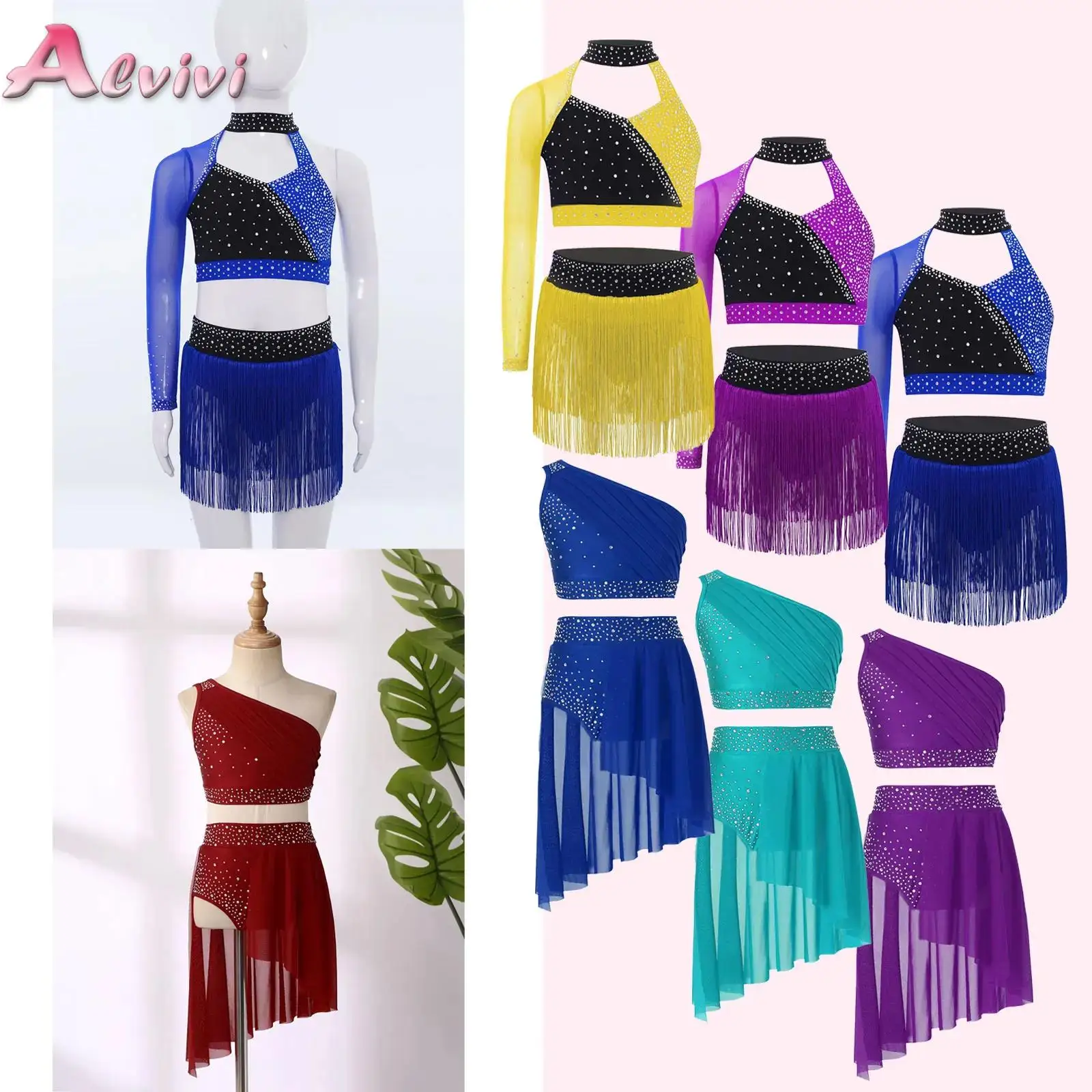 Kids Girls Latin Dance Performance Costume One Shoulder Long Sleeve Crop Top with Tassel Briefs Skirt Ballroom Modern Dancewear