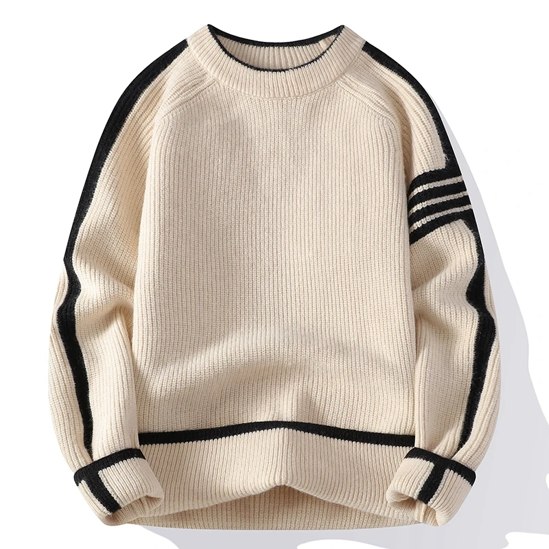 Men's Clothing Crew Neck Contrast Color Pullover Long Sleeve Sweater Knitted Casual Autumn Winter Screw Thread Vintage Tops