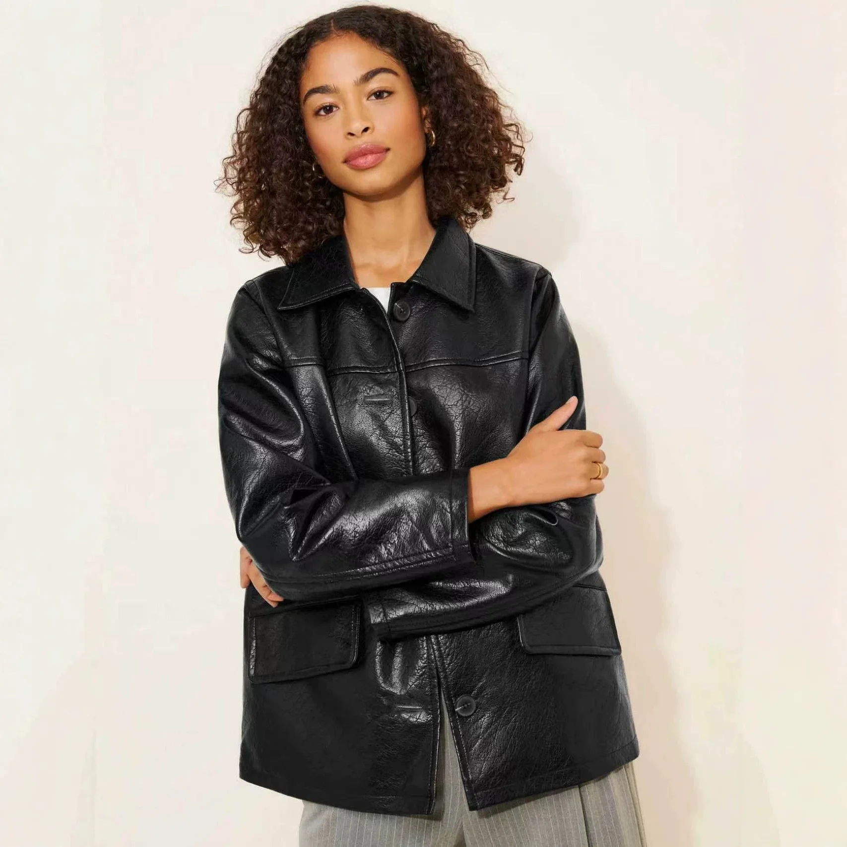 Women's Loose Slimming Retro Style Faux Leather Jacket Long Collar Single Button Mid-Length Coat Casual Fashion Outerwear
