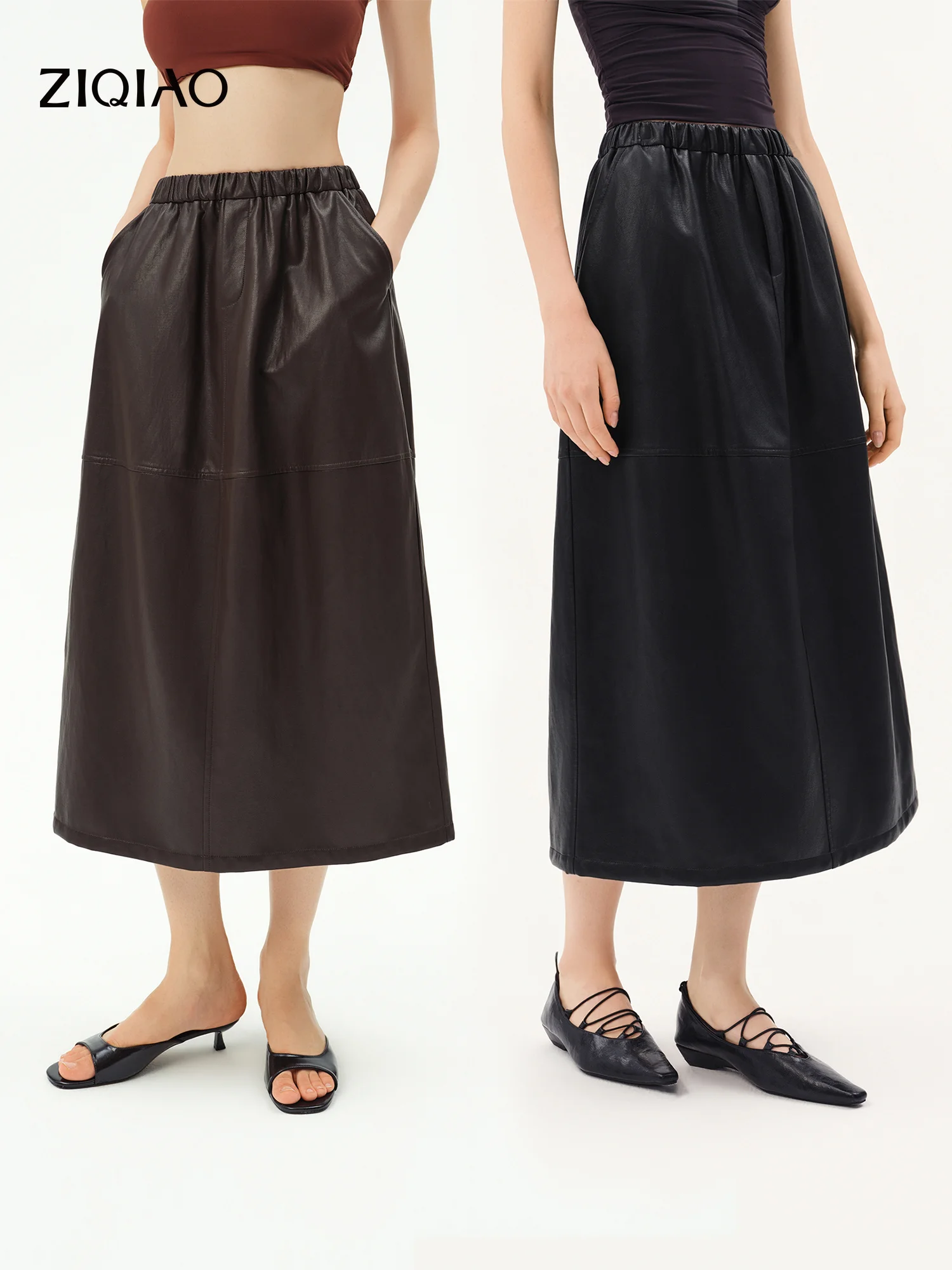 ZIQIAO 2026 Autumn New Women Textured PU Leather A-Line Midi Skirt Faux Leather Flared Half Skirt Casual Streetwear Fall Fashion