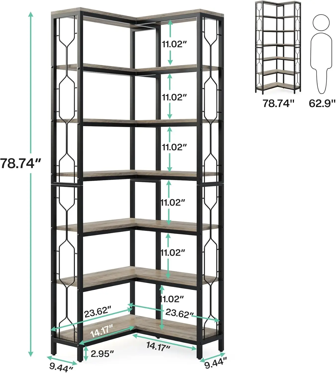 Corner Shelf, 7-Tier Industrial Corner Bookshelf, Wood and Metal Corner Etagere Bookcase, Freestanding Display Shelf