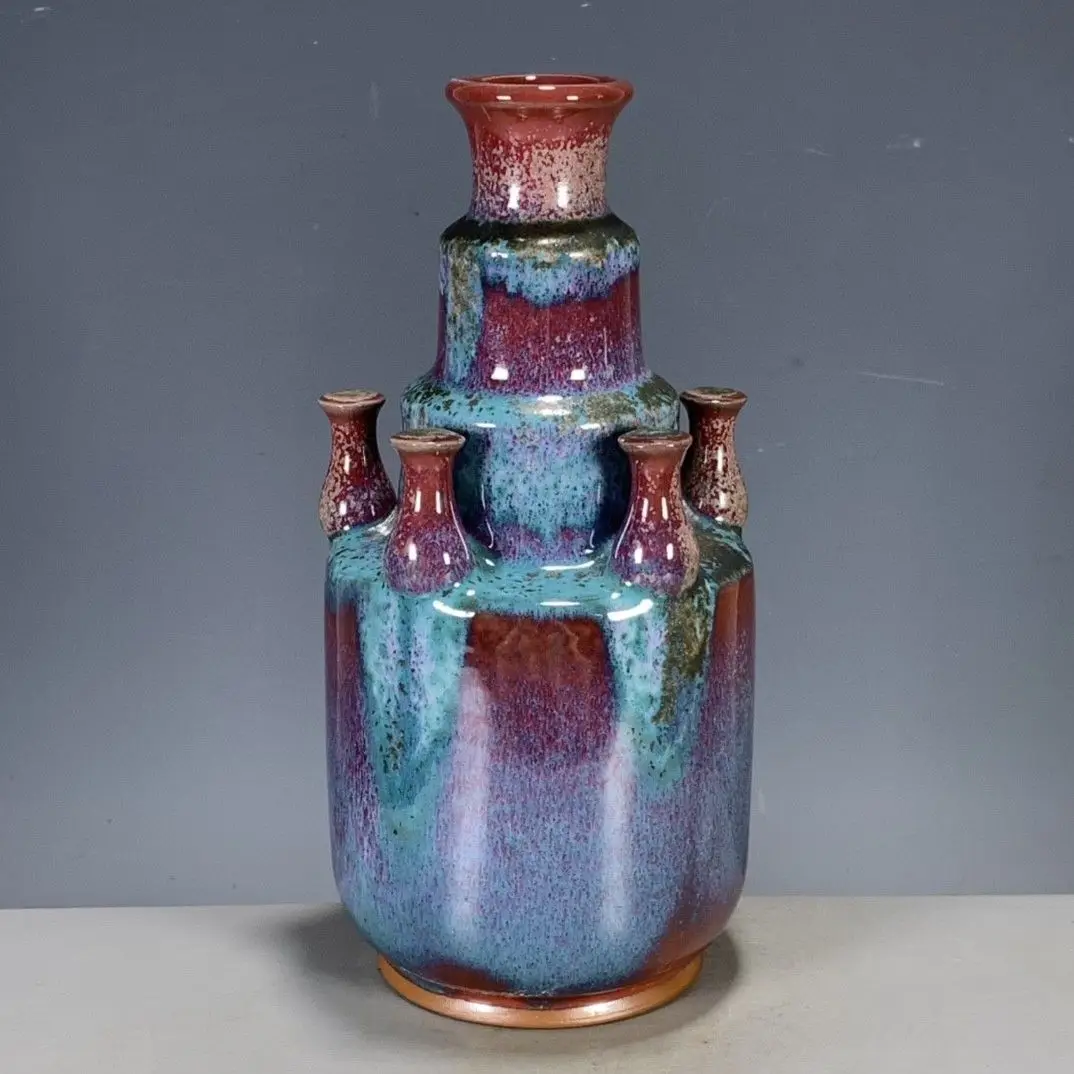 Imitation Chinese antique decorative ceramic ornament, Jun porcelain kiln-transformed multi-tube vase