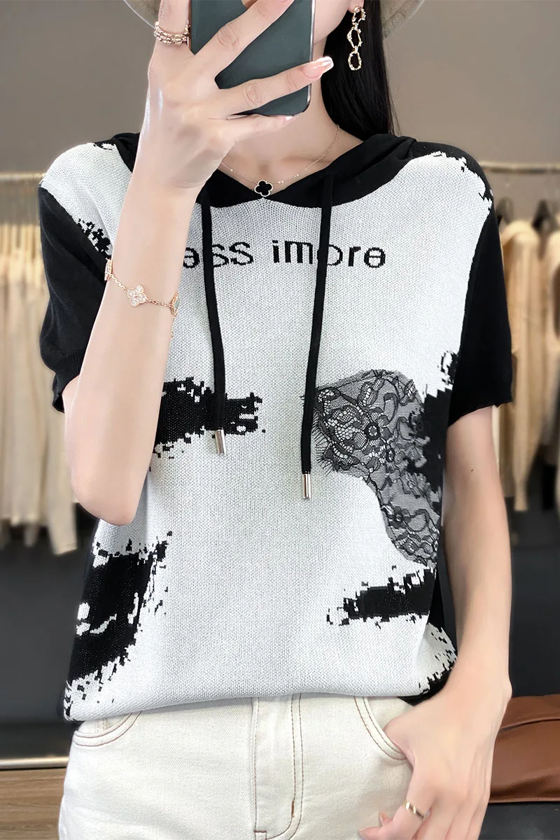 

Summer New Ice Silk Fabric Fashion Ink Painting Unique and Minimalist Design Hooded Short Sleeve Women's Top T-shirt