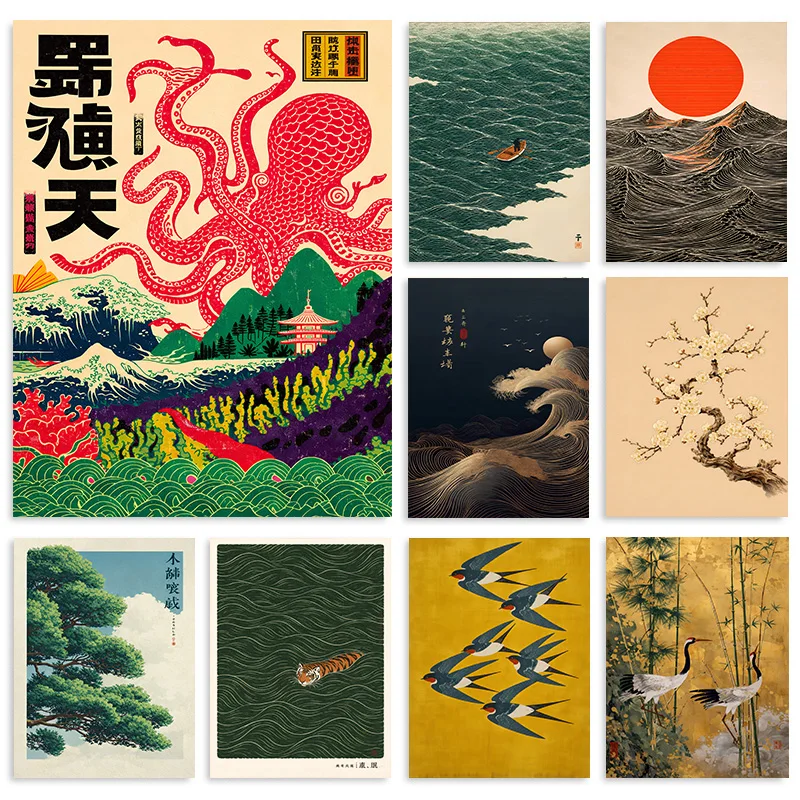 Retro Japanese Ukiyo-e Posters Wall Art Featuring Waves Flowers Birds Canvas Prints Painting Home Decor for Bedroom Living Room