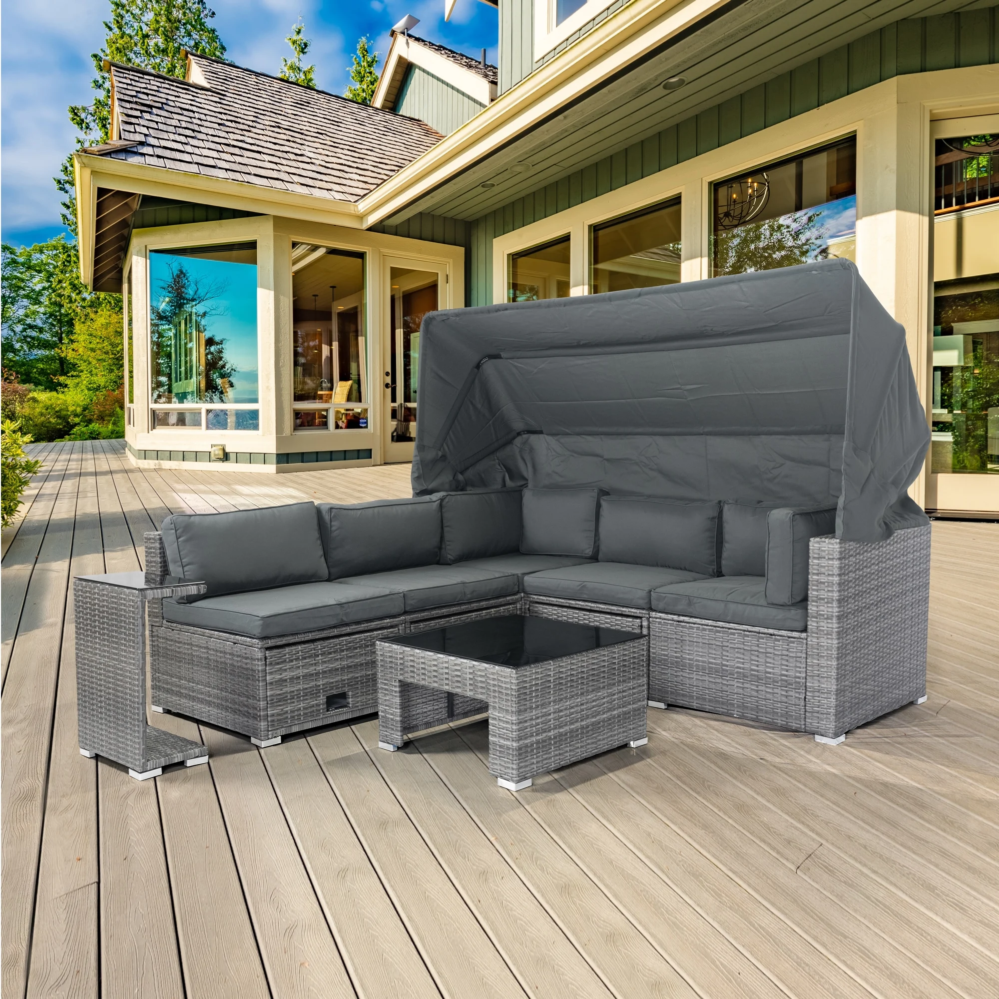 

7-Piece Patio Furniture Set w/Retractable Canopy Wicker Rattan Sectional Sofa Set Patio Furniture with Washable Cushions