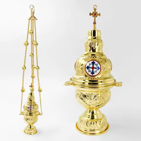 Hanging Orthodox Incense Burner with Bells Gold Swinging Catholic Church Supplies 26 Inch Chains with 24 Bell Кадило "Крест"