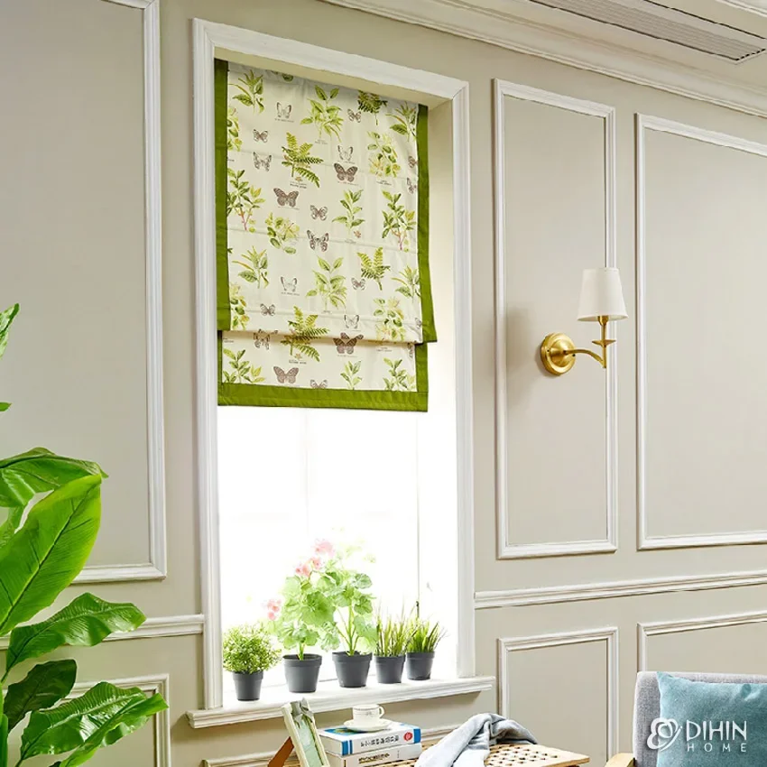 

Pastoral Butterfly Printed Custom Made Roman Shades With Green Border Window Drapes For Living Room Included Mechanism