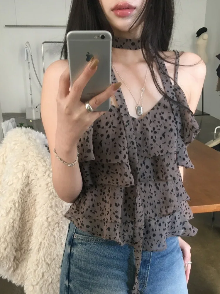 Top Corto Sexy con Estampado de Leopardo y Tirantes para Mujer, Ropa de Verano, Estilo Versátil con Cuello ter, Ideal para...