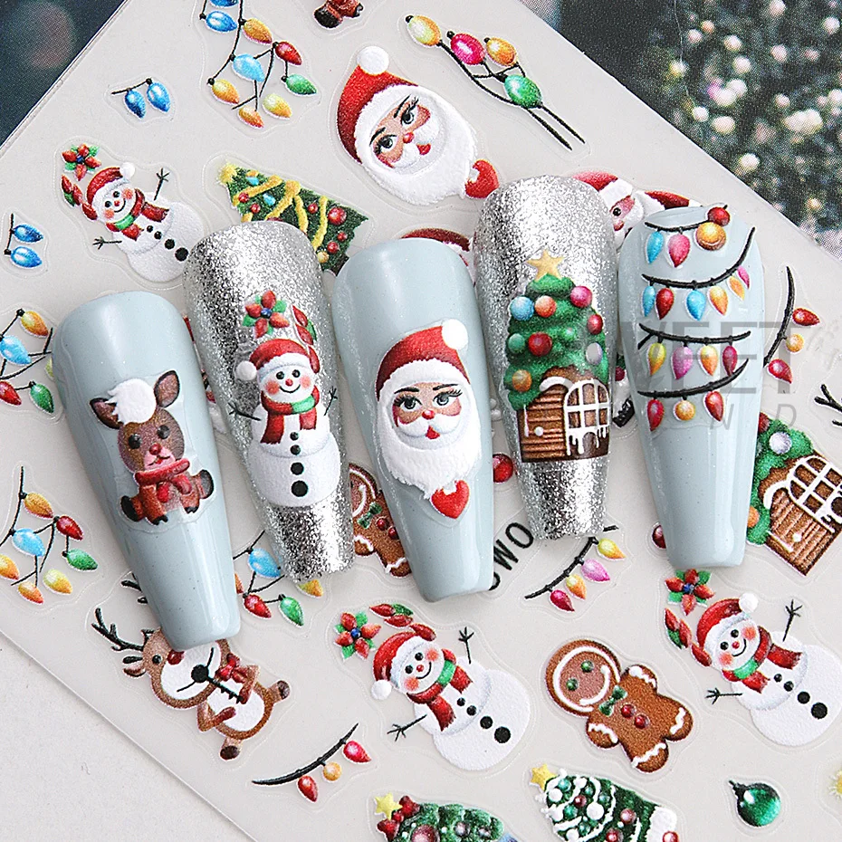 Adesivo per unghie natalizio cartone animato 5D Pupazzo di neve Babbo Natale Palloncino Cervo Albero di Natale Biscotto Uomo Lampada al neon Decalcomania invernale fai da te Manicure