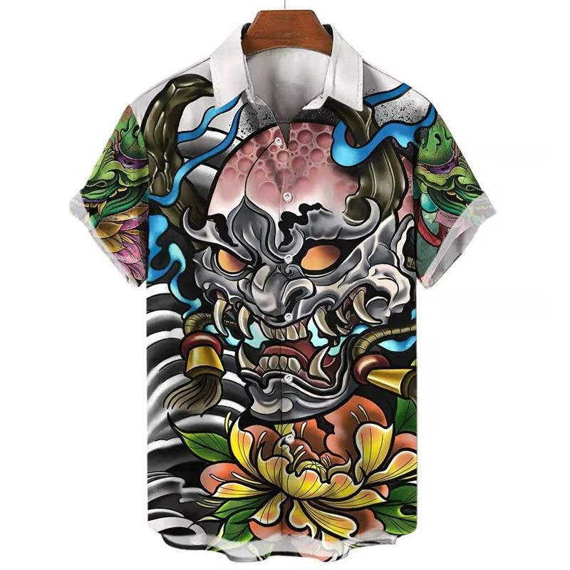 

Vintage Shirt For Men Samurai Print Short Sleeve Male Camisa Lapel Buttons Female Clothing Casual Fashion Tops Oversized Blouses