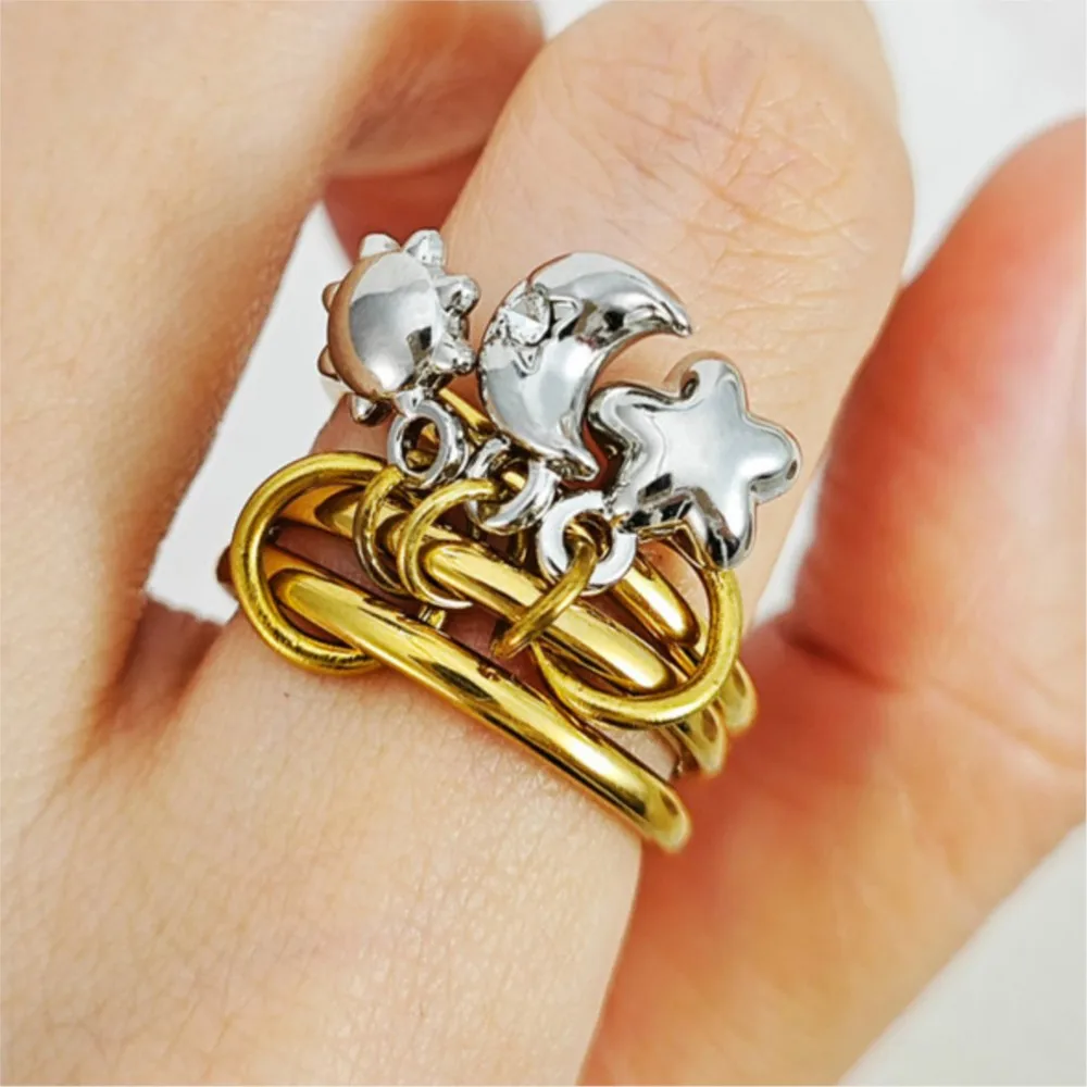 Moon Sun Star Pendant Rings Stack Set For Women Female Romantic Charm Gold Color Stainless Steel Interlocked Ring Finger Jewelry