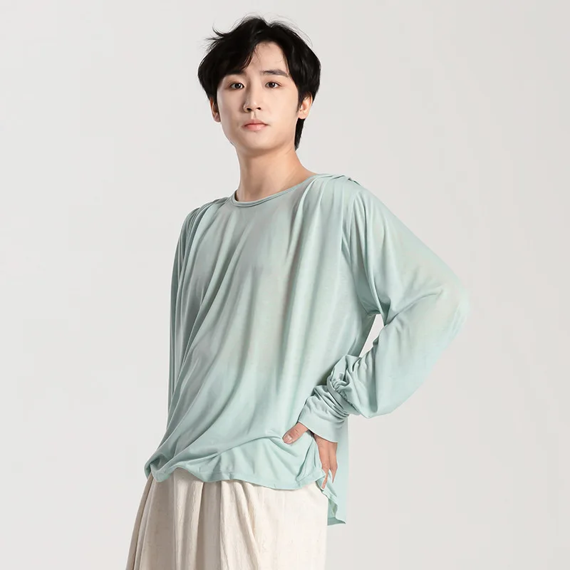 Męskie bluzki do tańca latynoamerykańskiego 2025, luźne, z długim rękawem, plisowane, typu smock, nowoczesne bluzki do tańca latynoamerykańskiego, ubrania do ćwiczeń dla nauczycieli, strój sceniczny do tańca.