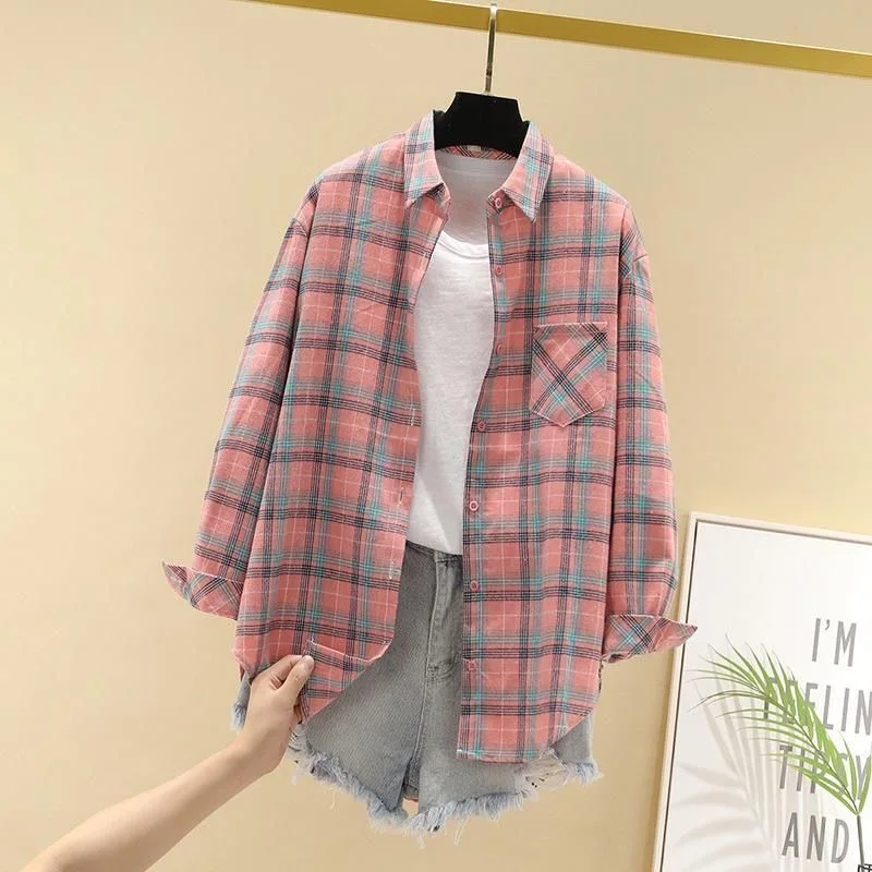 2025 Spring Autumn Fashion Korean Plaid Shirt Women Plus Fleece Blouse Loose Everything Long Sleeve Sun Protection Clothes Top