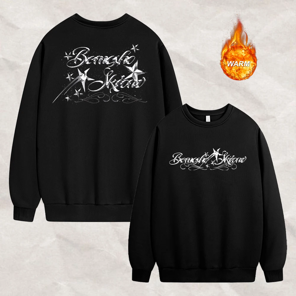Men's Crew Neck Pullover Sweatshirt With Gothic Metallic Star Print Autumn And Winter Casual Thickened Warm Commuter Top