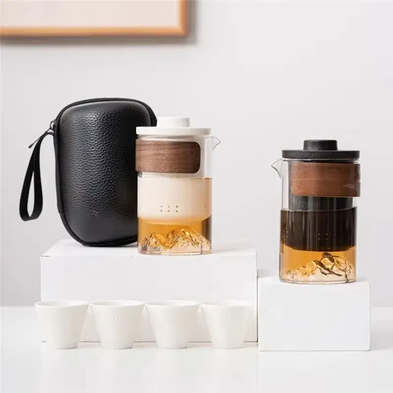 AS94- Anti-Hot Tea Cup One Pot Four Glass Portable Travel Tea Set Simple Chinese Style Black