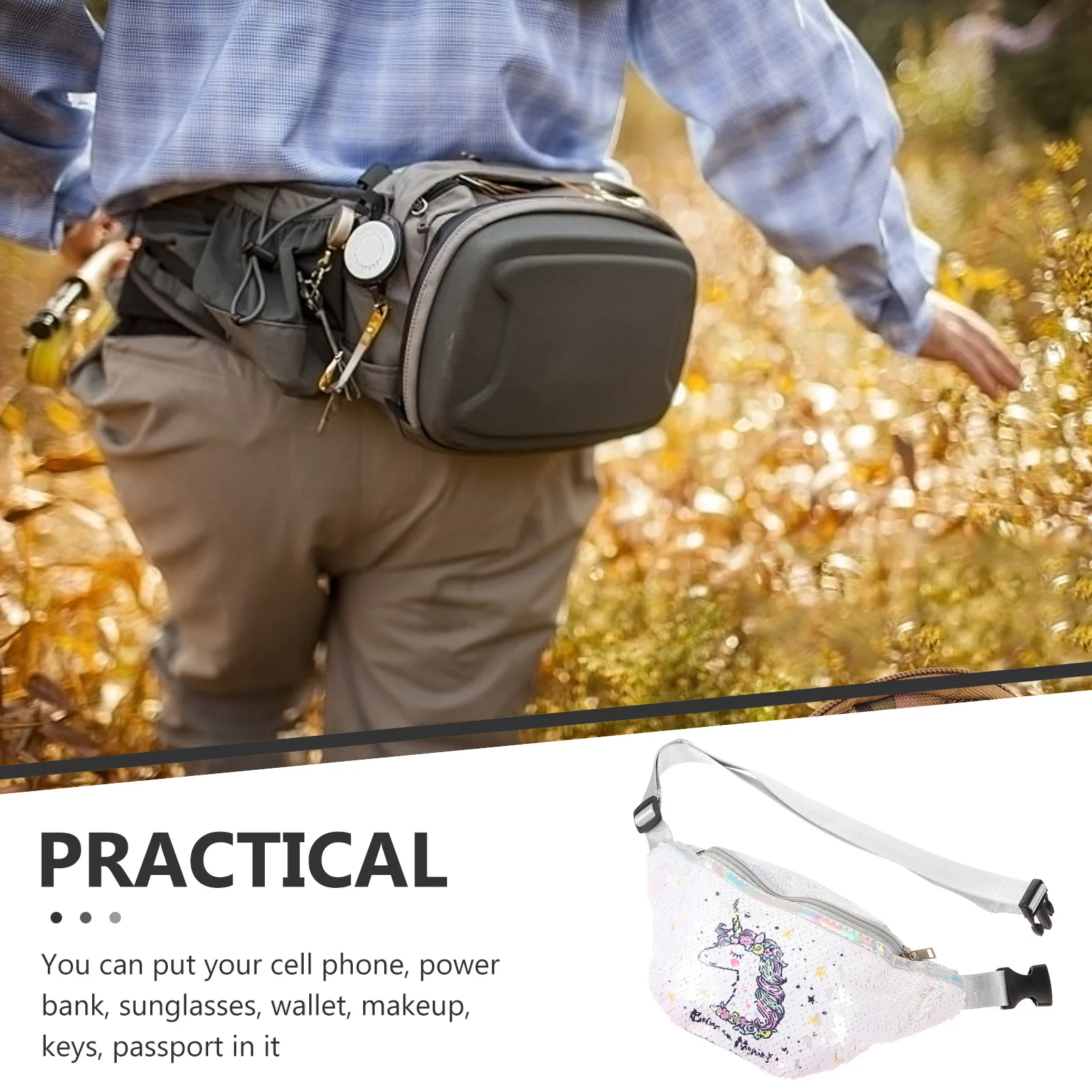 

Sparkling Sequin Waist Bag Adjustable Sports Pack for Women Festival Travel Outdoor Cycling Running Shopping White