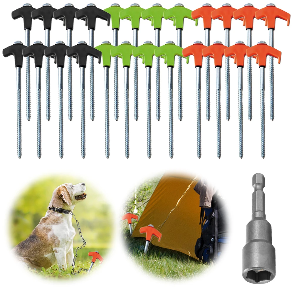 8er-Set Metall-Zeltnägel mit Sechskant-Einsatz, robuste Spiral-Erdnägel für Campingzelte, Schraubnägel für Campingzelte
