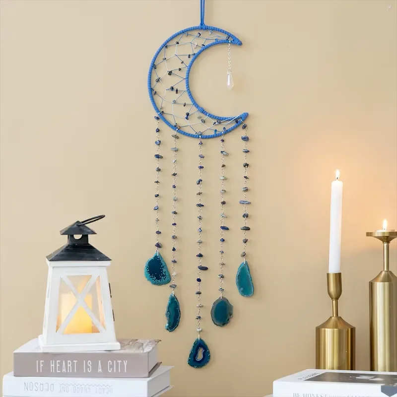 India HZ hand-woven wind chimes feather decorative agate flakes moon small pendant handicraft dream catcher pendant