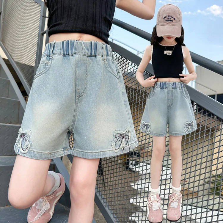

New Summer Kids Girl Denim Shorts with Butterfly High Fashion Children Bowknot Jeans Shorts Age 5 6 7 8 9 10 11 12 13 14 Years