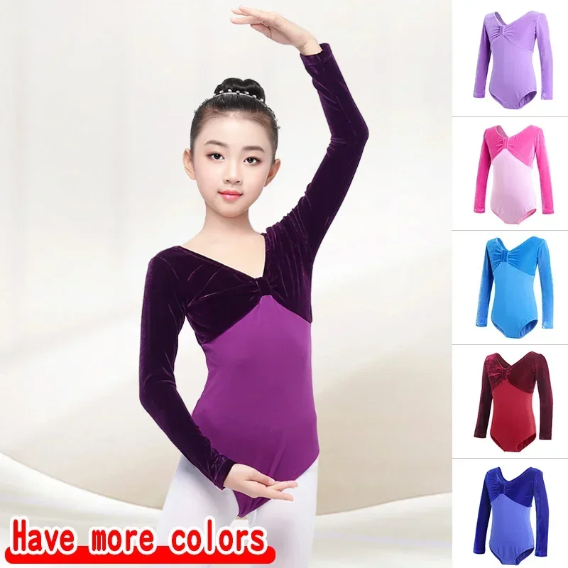 

Children's Ballet Costumes Autumn Winter Velvet Splicing Long Sleeve Leotard Dancewear Bodysuit Gymnastics Leotard for Girls