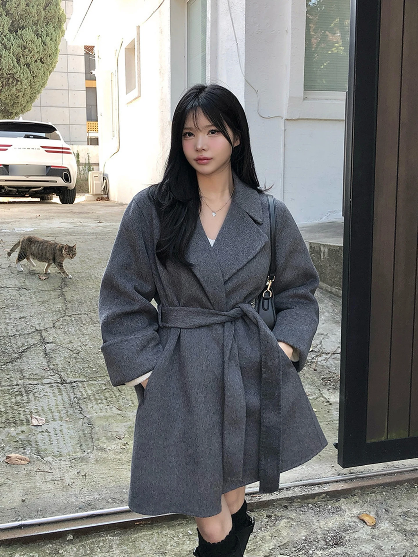 Gray Woolen Coat Women's Loose Suit Style Korean Fashion Autumn Winter Thickened Cotton Polyester Long Sleeve Coat