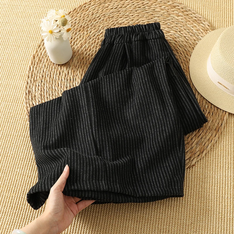 Women's Wide Leg Pants Autumn Winter Thickened Striped Lazy Style Loose Casual Pants Purple Long Trousers plus Size Buckle