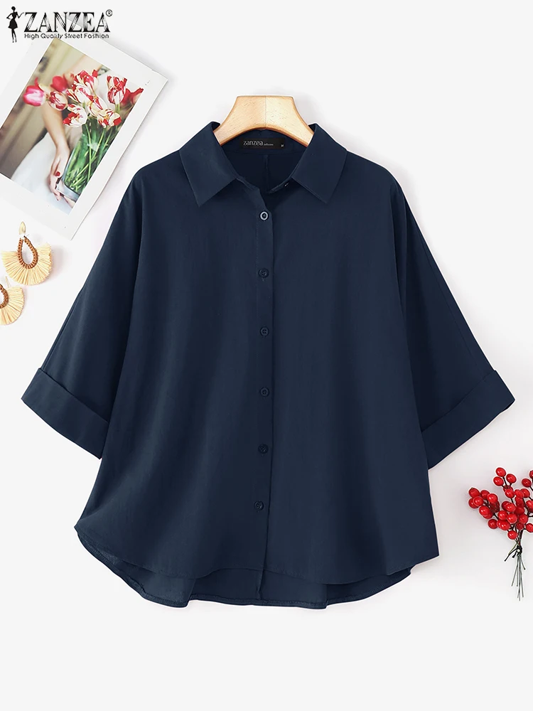

Stylish Women Shirts ZANZEA Autumn Summer Blouses 2025 Vintage Lapel Neck 3/4 Sleeve Work Shirt Solid Thin Tops Oversize Chemise