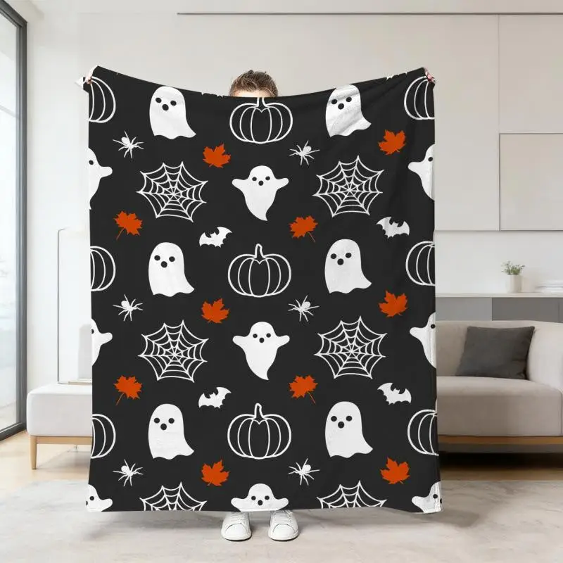 Halloween Warme Weiche Decke mit Geister-, Kürbis- und Totenkopf-Druck, Flanell-Schlafdecken, Multifunktionale Dekorative Decken – Detail 16