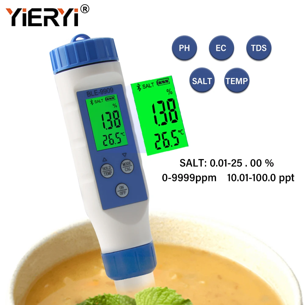 

Yieryi Smart Bluetooth Food Salinity Meter for Salt Water ATC Brine Pickle Sodium Chloride Multi-parameter Tester 0.01-25.00%