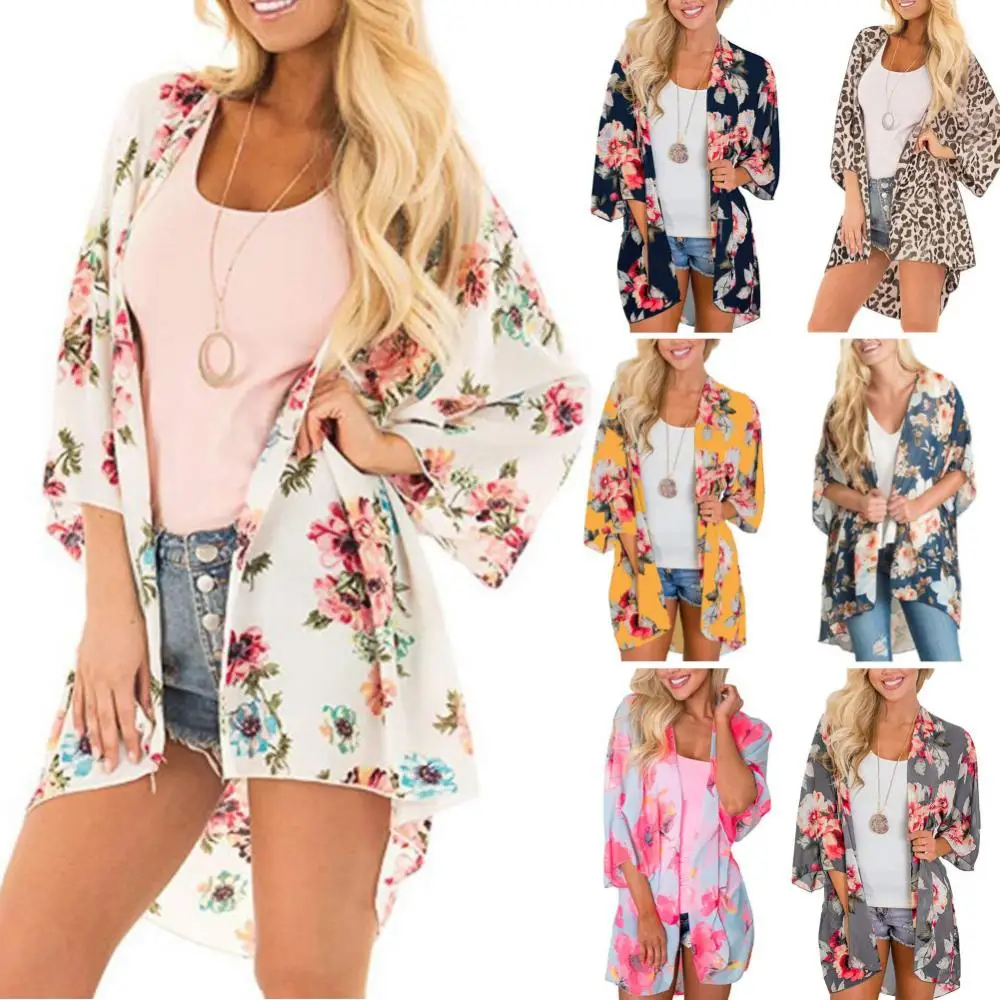 Women Floral Leopard Print Half Sleeve Shawl Chiffon Kimono Beach Cardigan Bikini Cover Up Wrap Beachwear Outdoor Anti-UV Coat