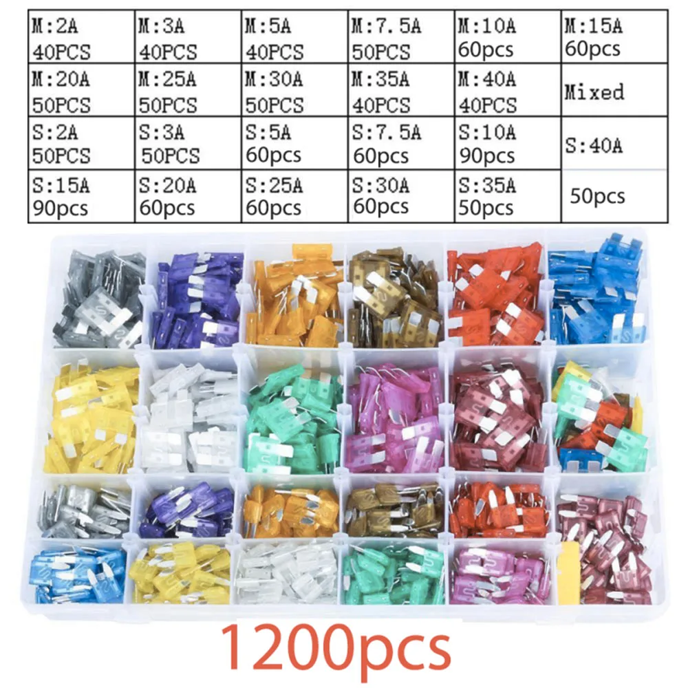 

1200pcs Fuses Assortment Kit 520PCS Standard Fuse Kit & 680PCS Mini Fuses + 1 Puller (2A 3A 5A 7.5A 10A 15A 20A 25A 30A 35A 40A)
