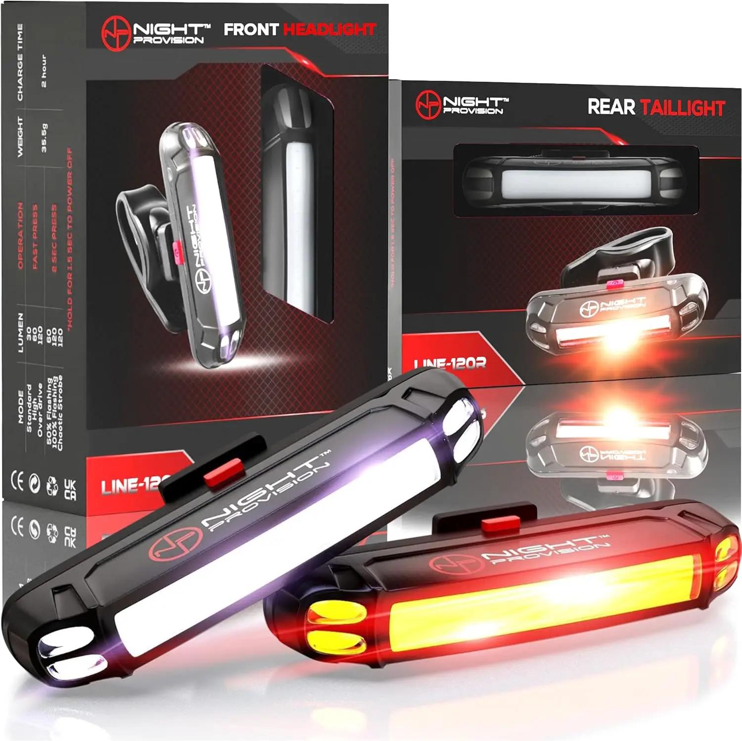 

LINE-120 USB Rechargeable LED Bike & Skateboard Lights – Front & Rear Safety Lights