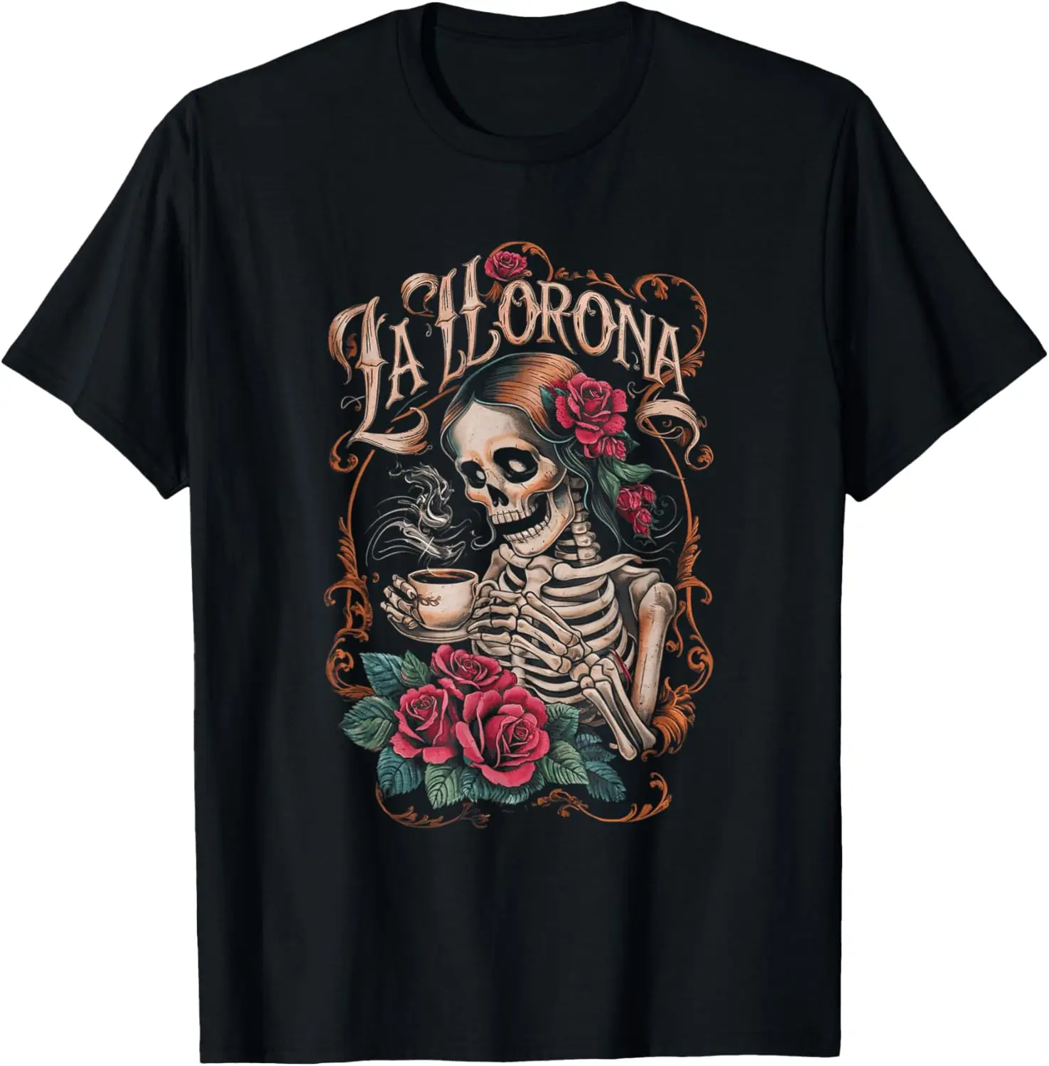 La Llorona Folklore Inspired Skeleton and Roses Artwork T-Shirt