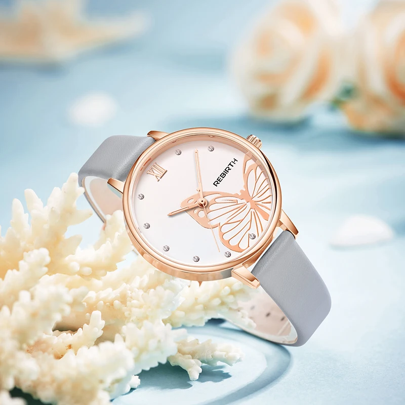 

REBIRTH Women Wrist Watches Leather Band Rose Gold Minimalist Design Dial Simple Luxury Brand Women Quartz Watches For Female