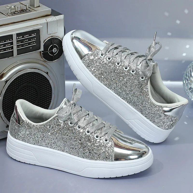 

Gorgeous Glitter Sequined Casual Board Shoes Thick-Soled Low-Top Lace-Up Flat-Soled Sneakers Large-Size Couple Shoes 35&44